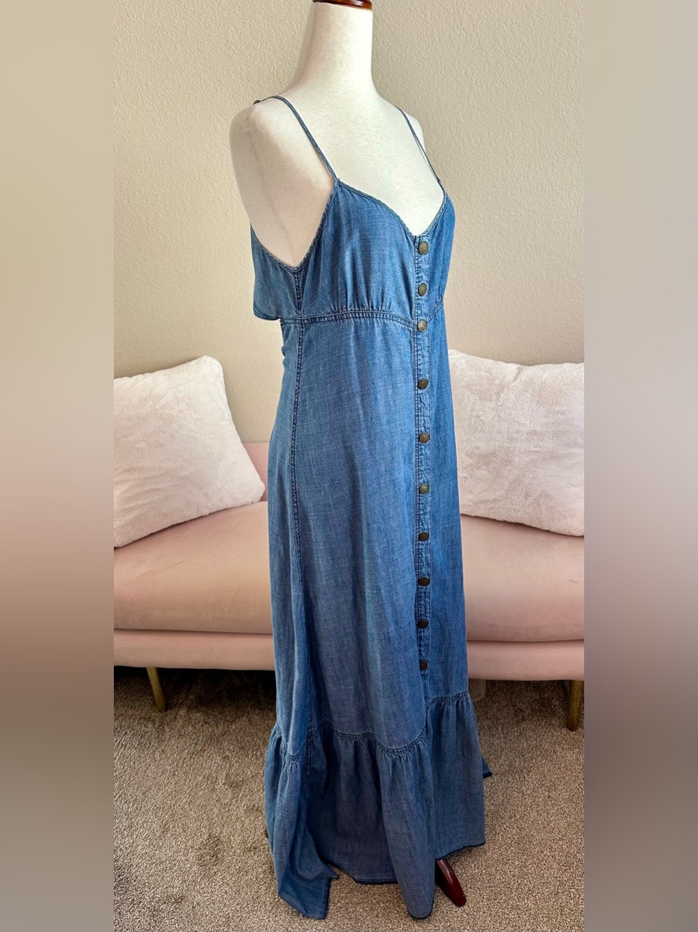 Free People Maxi Dress Denim Chambray Adjust Strap Open Flap Back Small Country
